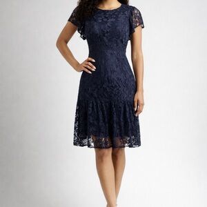 Elegant Nanette Lepore Navy Cocktail Lace Midi Dress Flutter Sleeve Size 12